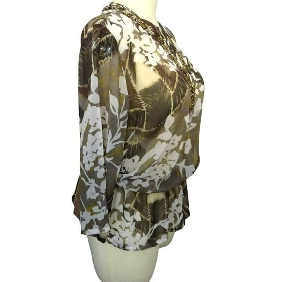 Chico's Lg Polyester Floral Sheer Pullover Blouse with 3/4 Sleeves and Beading - Picture 1 of 9
